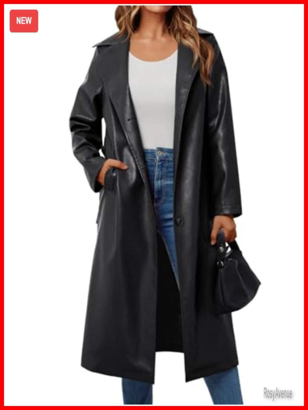 Faux Leather Knee Length Trench Coat with Belt